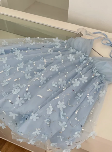 Sweet Light Blue Heavy Sequin Embroidery Three-dimensional Flower Halter Neck Mesh Birthday Short Skirt Homecoming Dress P3837 - Image 4