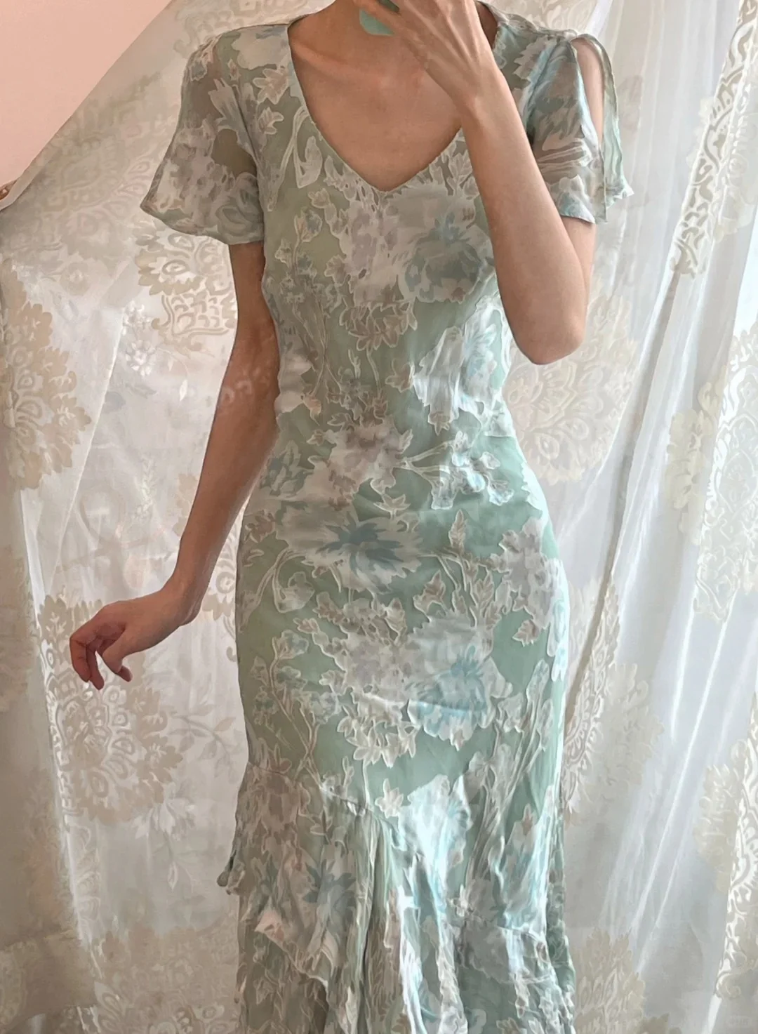 Sweet Light Green Floral Print Ruffled V-neck Chiffon Long Prom Dress Evening Dress P4161 - Image 2