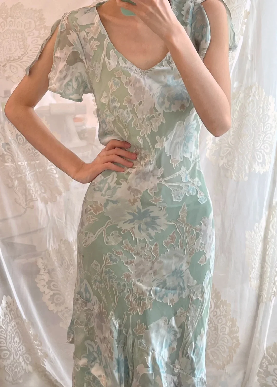 Sweet Light Green Floral Print Ruffled V-neck Chiffon Long Prom Dress Evening Dress P4161 - Image 3