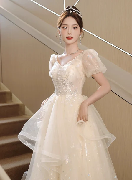 Sweet Milk Apricot A-line Puff Short Sleeve Tulle Long Prom Dress Evening Dress P4455