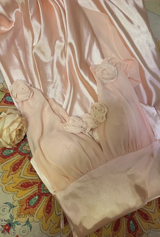 Sweet Pink 3D Rose V-Neck Satin Long Prom Dress P3762 - Image 2