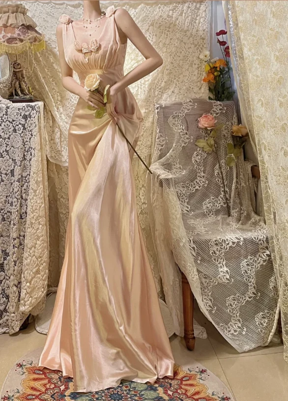Sweet Pink 3D Rose V-Neck Satin Long Prom Dress P3762 - Image 4