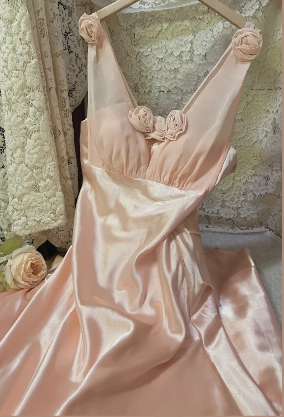 Sweet Pink 3D Rose V-Neck Satin Long Prom Dress P3762 - Image 5
