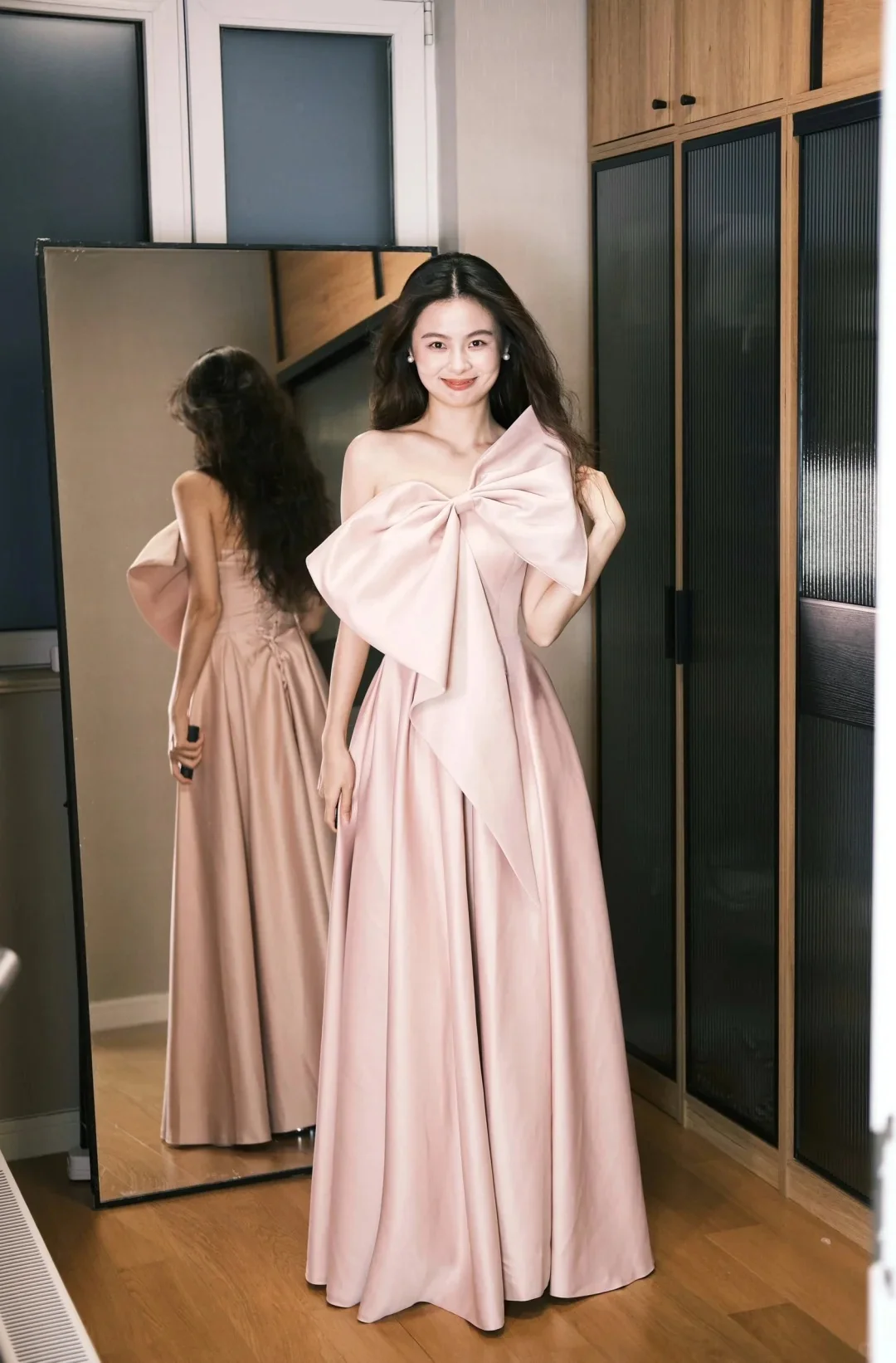 Sweet Pink A-Line Oversized Bow Satin Long Prom Dress Birthday Dress P4773 - Image 2