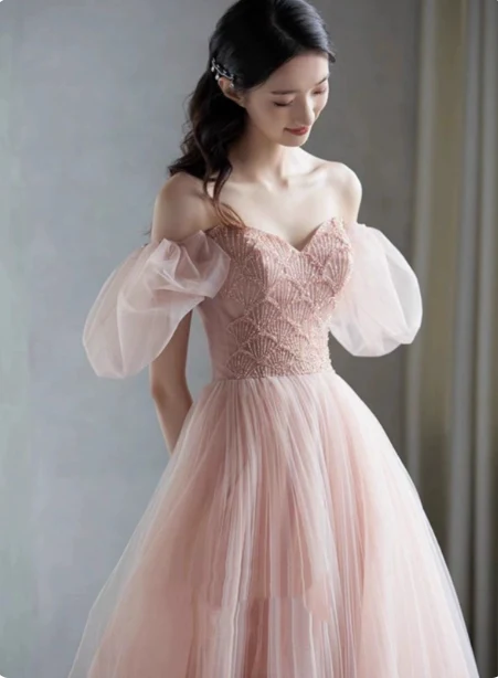 Sweet Pink A-line Puff Sleeve Beaded Tulle Long Prom Dress Evening Dress P4593 - Image 3