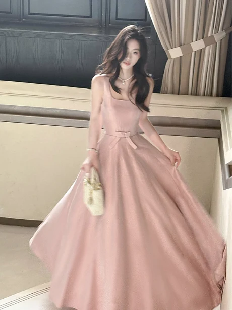 Sweet Pink A-Line Spaghetti Strap Square Neck Satin Long Prom Dress Evening Dress Bridesmaid Dress P4358 - Image 2