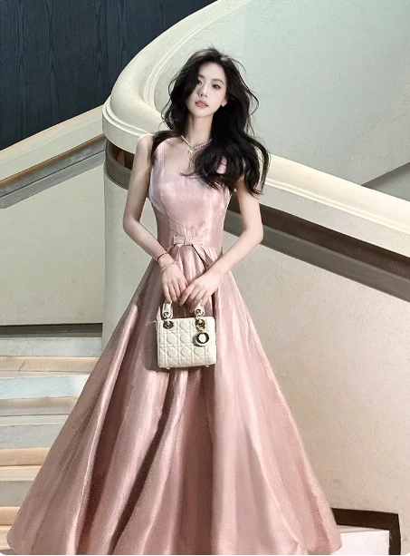 Sweet Pink A-Line Spaghetti Strap Square Neck Satin Long Prom Dress Evening Dress Bridesmaid Dress P4358 - Image 6