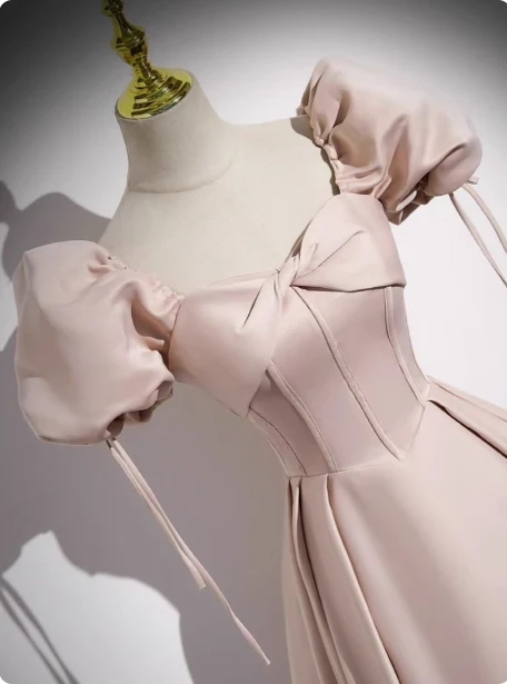 Sweet Pink A-line Square Neck Puff Sleeve Satin Long Prom Dress Evening Dress P4570 - Image 2