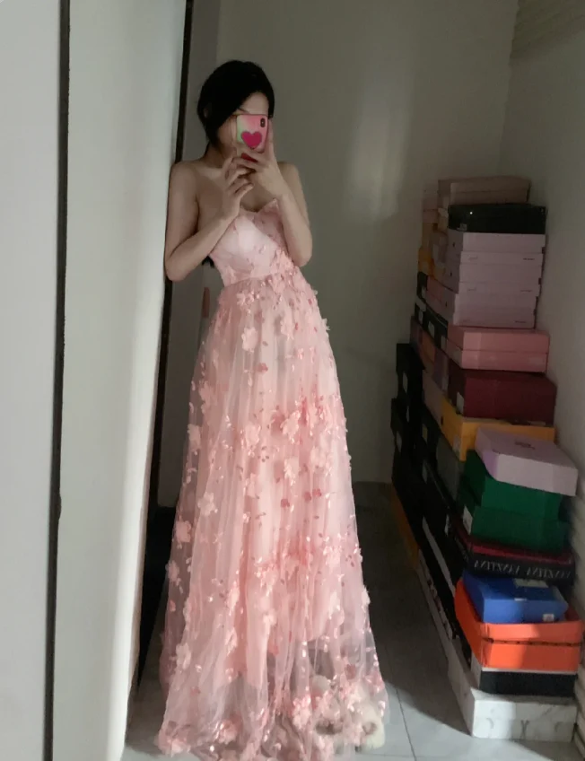 Sweet Pink A-line Strapless 3D Floral Tulle Long Prom Dress Evening Dress P4292 - Image 3