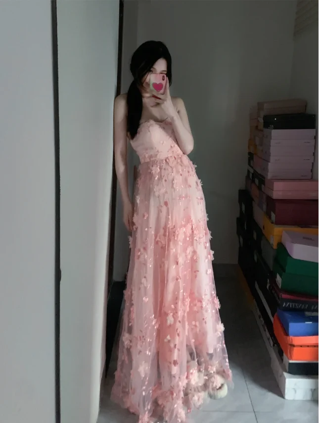 Sweet Pink A-line Strapless 3D Floral Tulle Long Prom Dress Evening Dress P4292 - Image 4