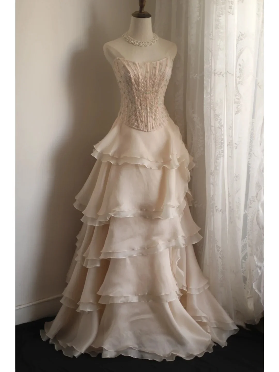 Sweet Pink A-line Strapless Beaded Layered Chiffon Long Prom Dress Evening Dress P4235 - Image 2