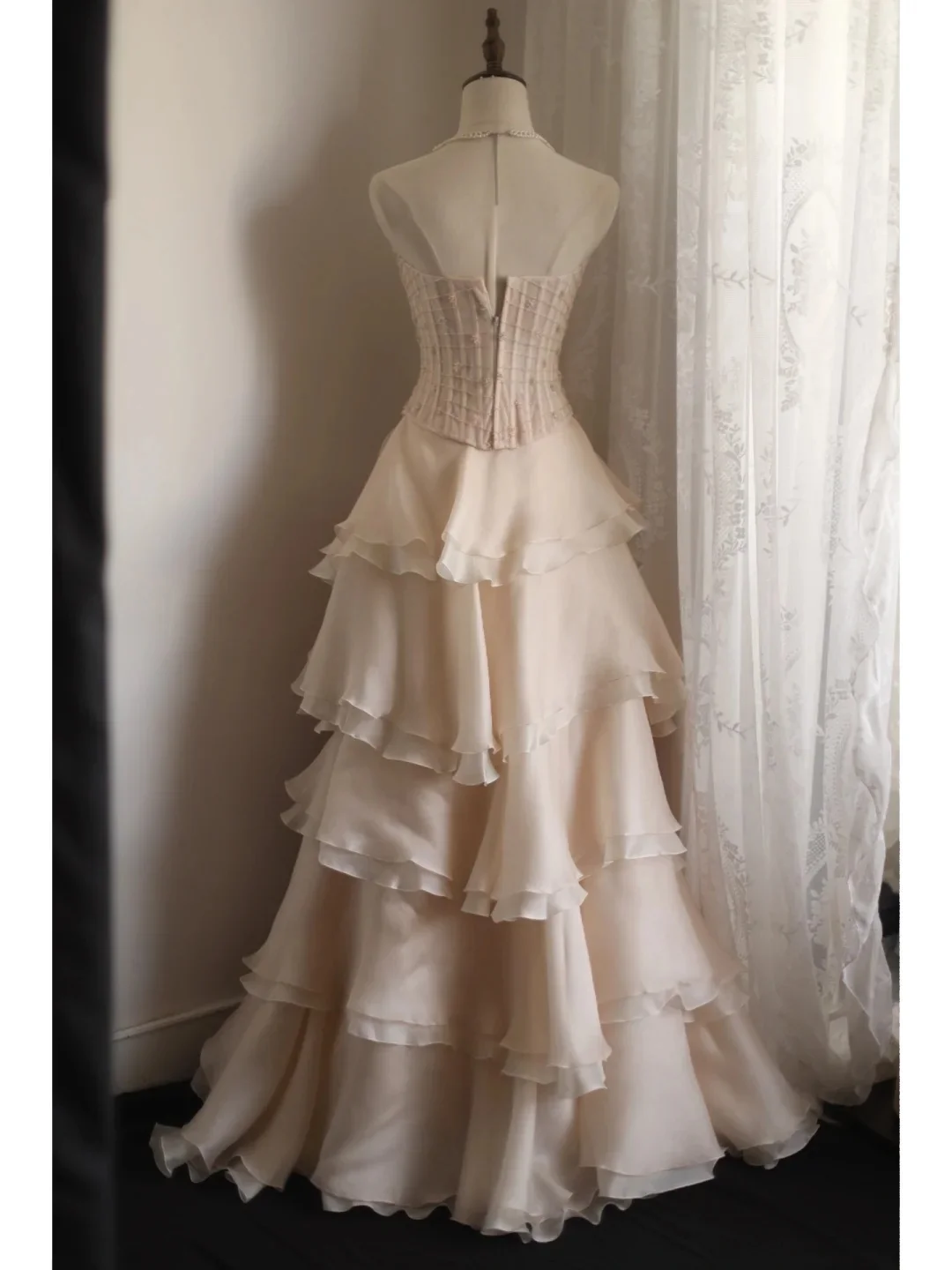 Sweet Pink A-line Strapless Beaded Layered Chiffon Long Prom Dress Evening Dress P4235 - Image 3