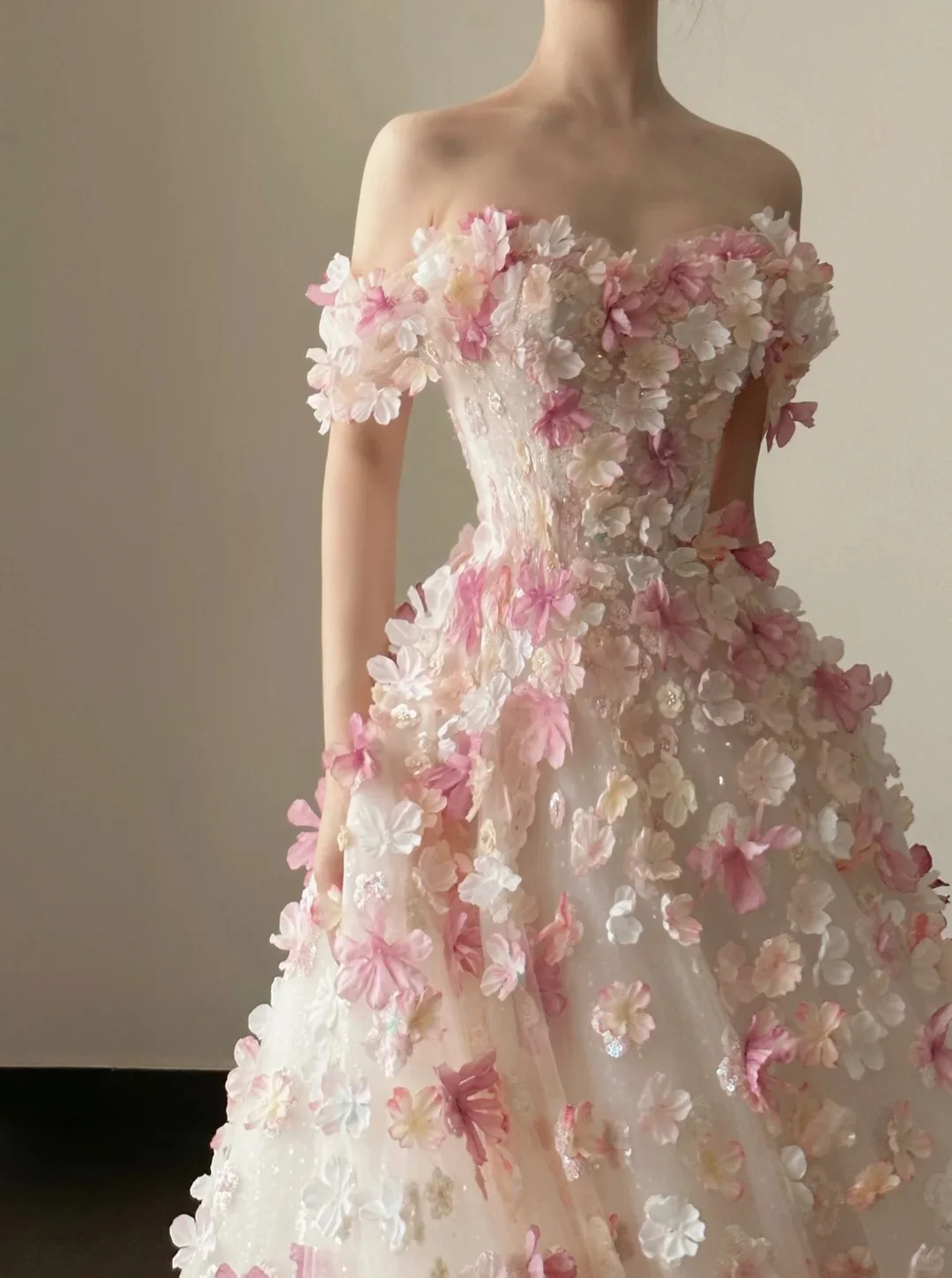 Sweet Pink And White Gradient Strapless 3D Floral Tulle Ball Gown Wedding Dress P4023 - Image 3