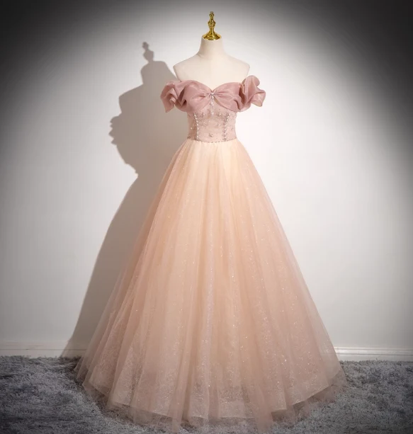 Sweet Pink Apricot One-Shoulder Tulle Long Ball Gown Evening Dress Sweet 16 Dress P4425 - Image 2