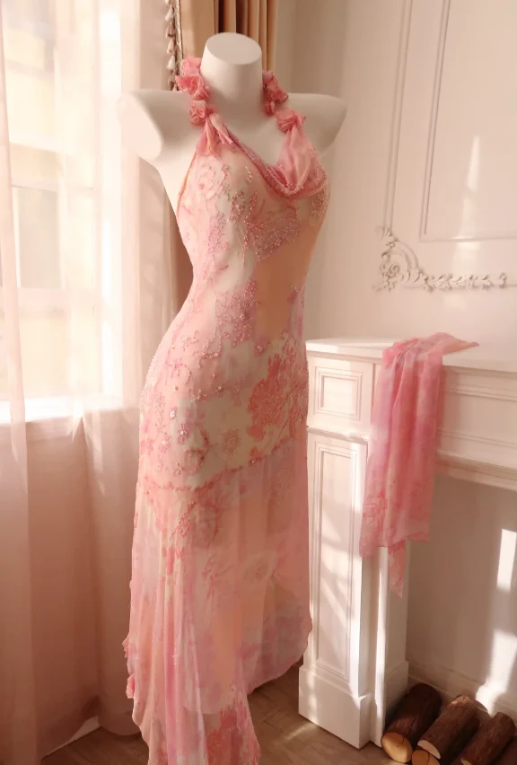 Sweet Pink Halter Neck Beaded Irregular Chiffon Prom Dress Evening Dress P4814 - Image 3
