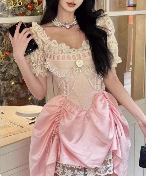 Sweet Pink Lace Short Sleeve Herringbone Short A-line 17th Birthday Homecoming Dress P3623 - Image 3