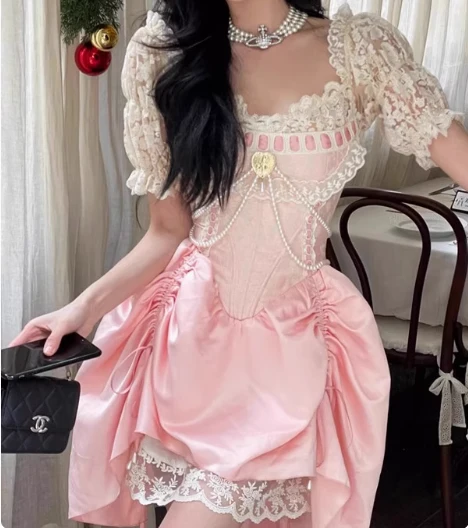 Sweet Pink Lace Short Sleeve Herringbone Short A-line 17th Birthday Homecoming Dress P3623 - Image 4