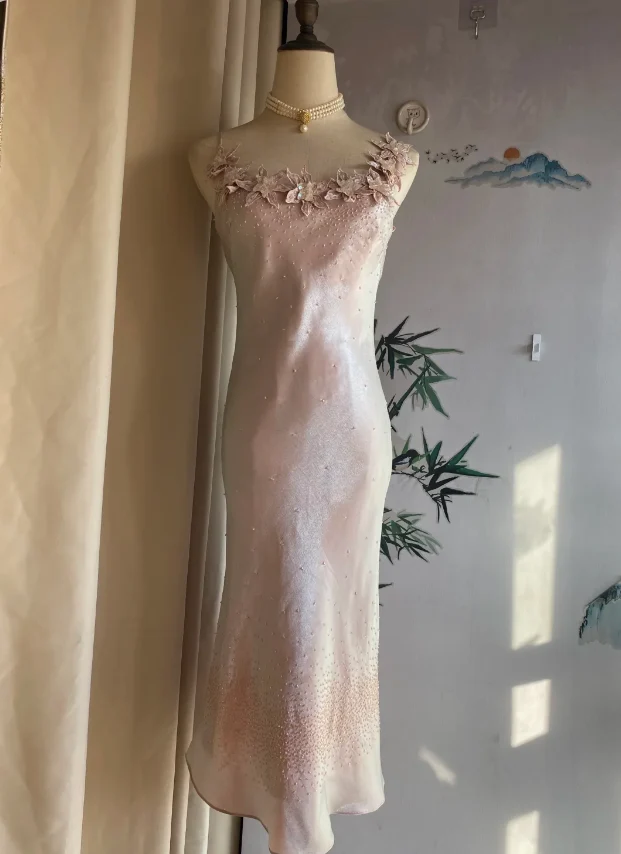 Sweet Pink Mermaid Halter 3D Floral Satin Prom Dress Evening Dress Bridesmaid Dress P4174 - Image 2
