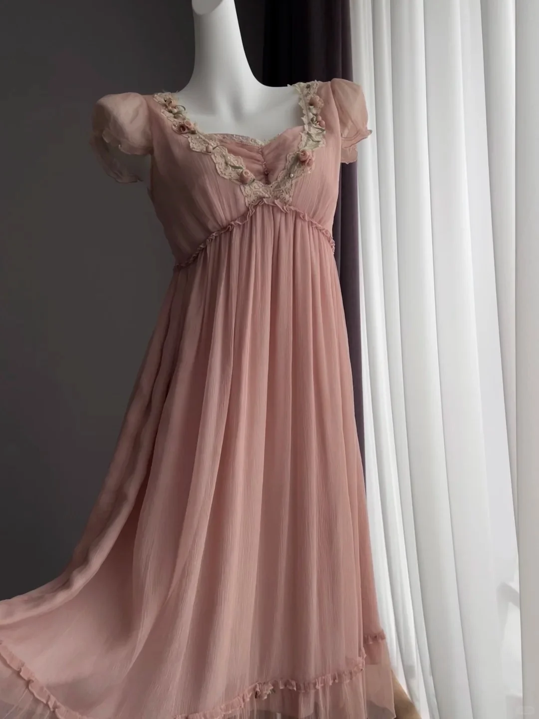 Sweet Pink Puff Sleeve Lace Trim Chiffon Prom Dress P4844 - Image 3