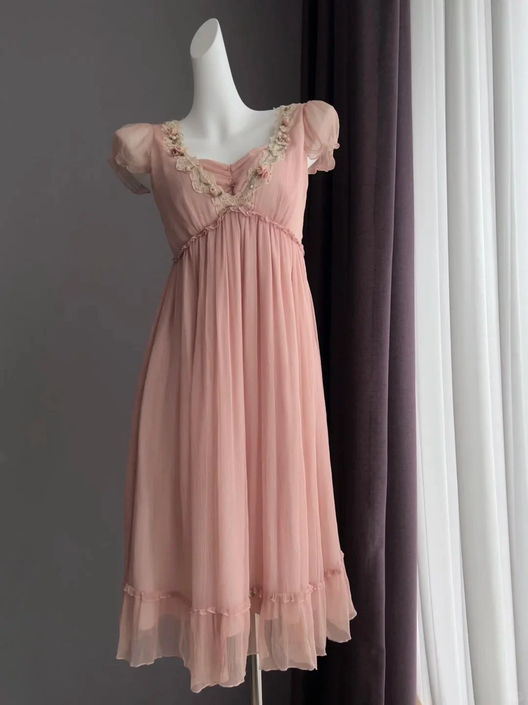 Sweet Pink Puff Sleeve Lace Trim Chiffon Prom Dress P4844 - Image 5