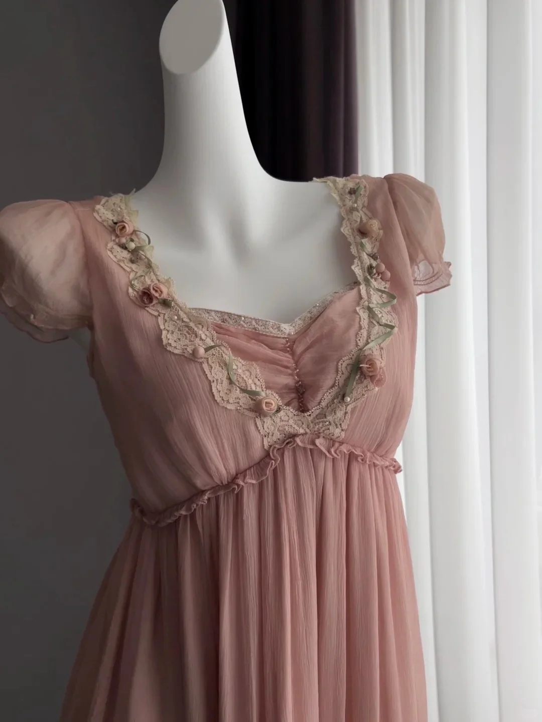 Sweet Pink Puff Sleeve Lace Trim Chiffon Prom Dress P4844 - Image 6