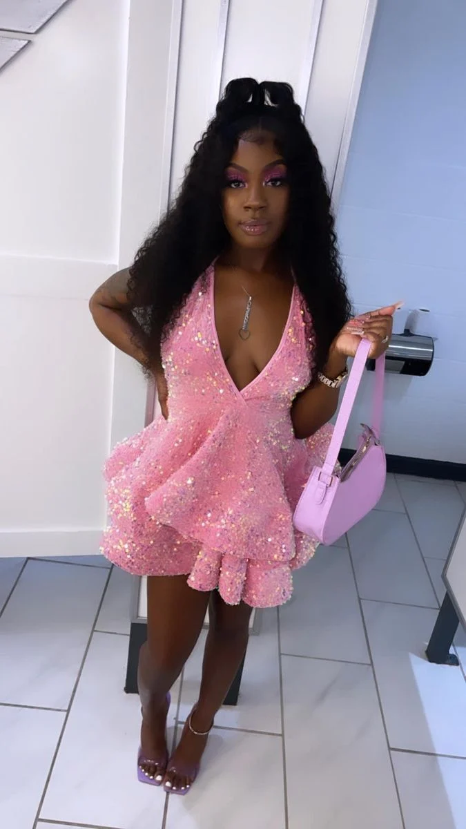 Sweet Pink Sequined V Neck Mini 17th Birthday Homecoming Dress P3671 - Image 3