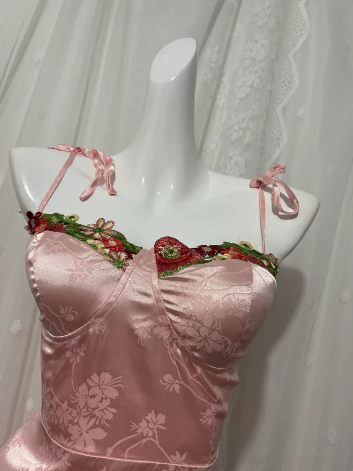 Sweet Pink Spaghetti Strap Embroidered Jacquard Satin Prom Dress Evening Dress P4674 - Image 3