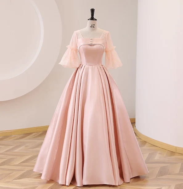 Sweet Pink Square Neck Lace Sleeve Satin Ball Gown Evening Dress Sweet 16 Dress P4410 - Image 2