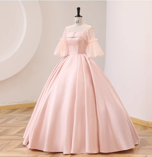 Sweet Pink Square Neck Lace Sleeve Satin Ball Gown Evening Dress Sweet 16 Dress P4410 - Image 3