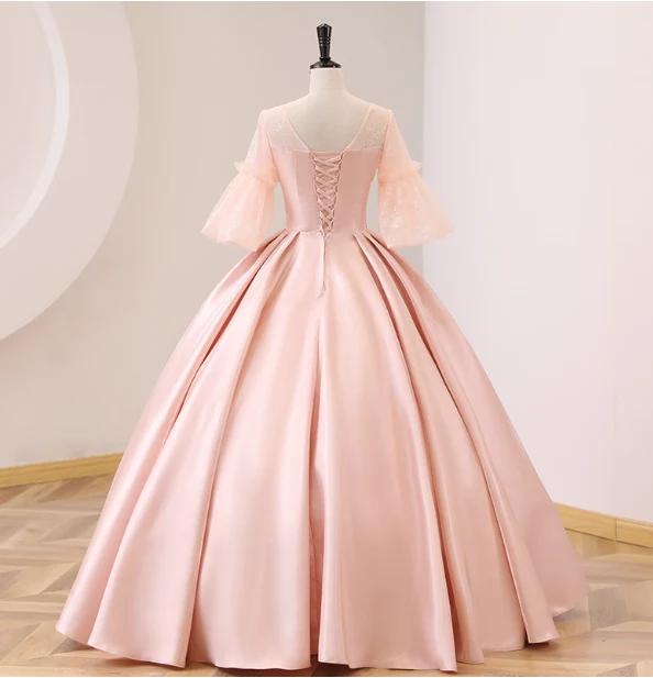 Sweet Pink Square Neck Lace Sleeve Satin Ball Gown Evening Dress Sweet 16 Dress P4410 - Image 4