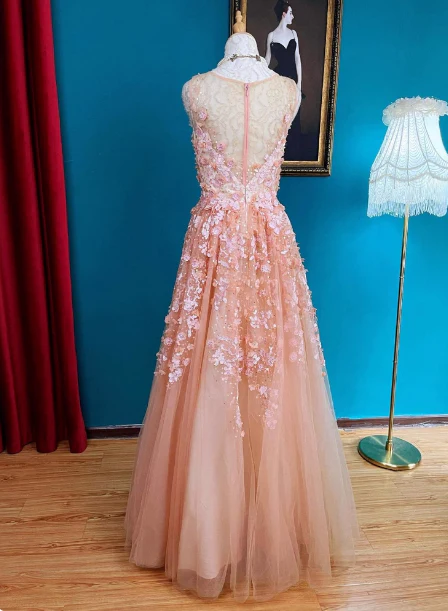 Sweet Pink V-Neck A-Line 3D Floral Tulle Long Prom Dress Evening Dress P4727 - Image 4