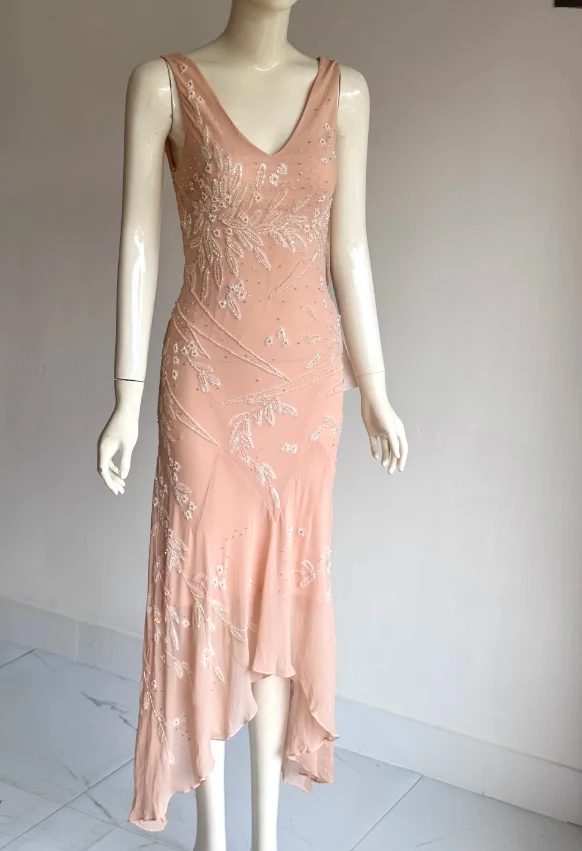 Sweet Pink V-Neck Sequin Beaded Irregular Mermaid Chiffon Prom Dress Evening Dress P4856 - Image 5