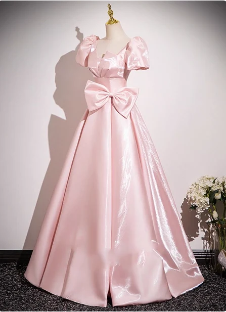 Sweet Princess Pink A-line Short Sleeve Bow Satin Long Prom Dress Evening Dress P4580 - Image 4