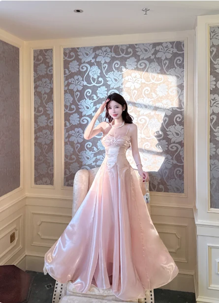 Sweet Princess Pink A-Line Spaghetti Strap Satin Long Prom Dress Evening Dress P4367 - Image 5