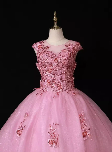 Sweet Princess Pink Crew Neck Embroidered Tulle Long Prom Dress Evening Dress P4681 - Image 2