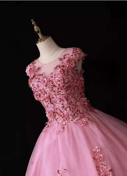 Sweet Princess Pink Crew Neck Embroidered Tulle Long Prom Dress Evening Dress P4681 - Image 3