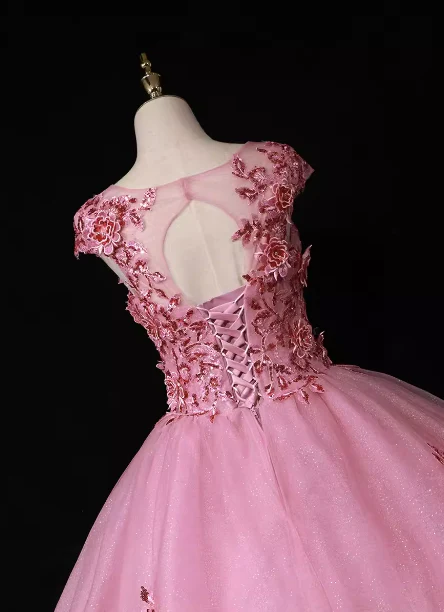 Sweet Princess Pink Crew Neck Embroidered Tulle Long Prom Dress Evening Dress P4681 - Image 4