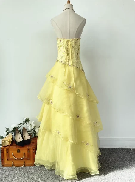 Sweet Princess Yellow A-line Strapless Beaded Embroidered Tulle Long Prom Dress Evening Dress P4537 - Image 2