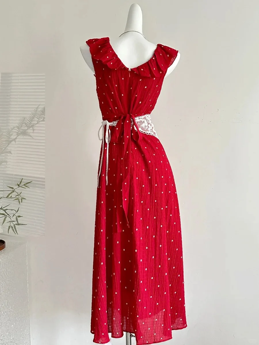 Sweet Red And White Polka Dot A-line Ruffle Waist Long Prom Dress 17th Birthday Dress P4011 - Image 3