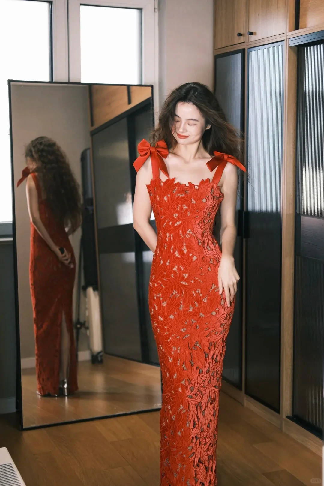 Sweet Red Mermaid Bow Strap 3D Lace Long Prom Dress Birthday Dress P4757 - Image 3