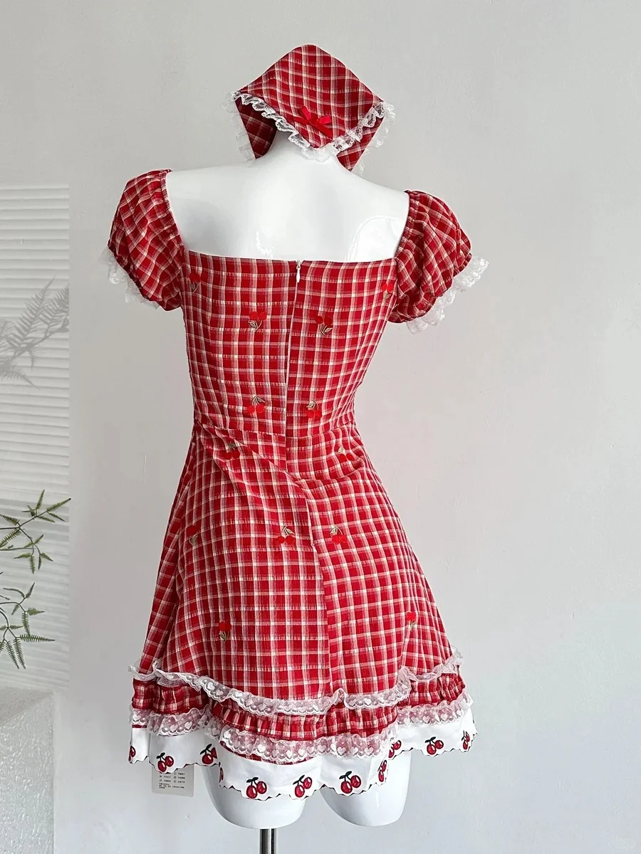 Sweet Retro Red And White Plaid Short-sleeved Waist A-line 15th Birthday Homecoming Dress P3998 - Image 3