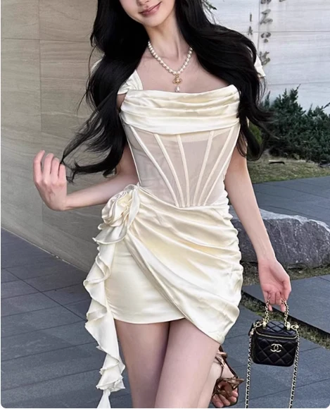Sweet Satin Off-the-shoulder Hip-wrapped Herringbone 17th Birthday Homecoming Dress P3627 - Image 4
