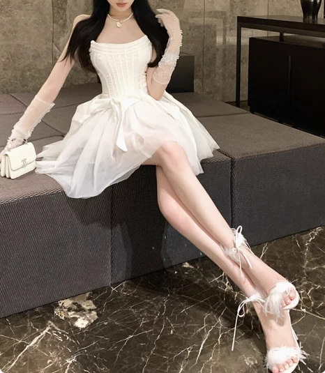 Sweet White Herringbone Tube Top Puff Birthday Dress Homecoming Dress P3624 - Image 2