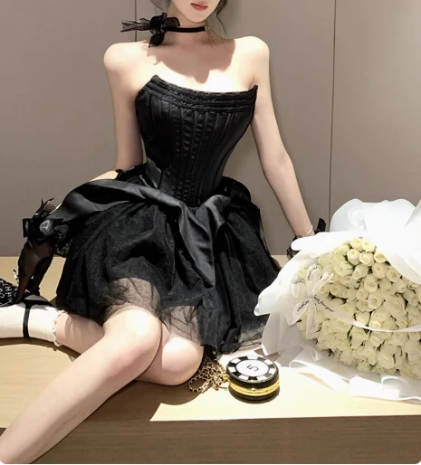 Sweet White Herringbone Tube Top Puff Birthday Dress Homecoming Dress P3624 - Image 4