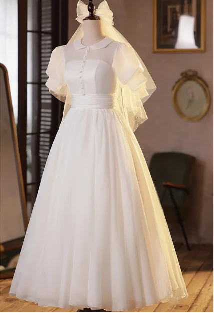 Sweet White Short Sleeve Puffy Tulle A-Line Wedding Dress P2631 - Image 3
