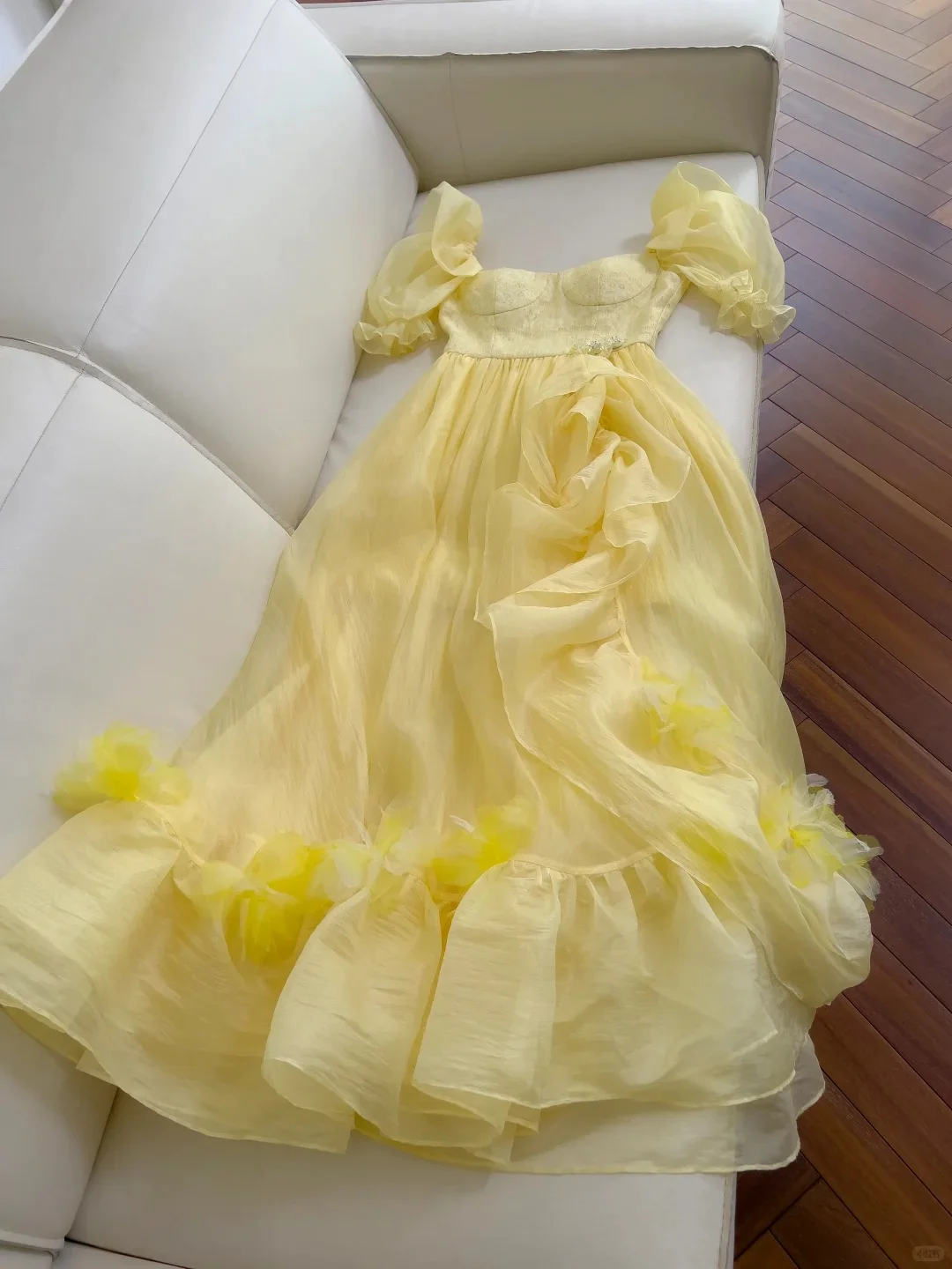 Sweet Yellow A-line Square Neck Puff Sleeve Lace Tulle Long Prom Dress P4046 - Image 6