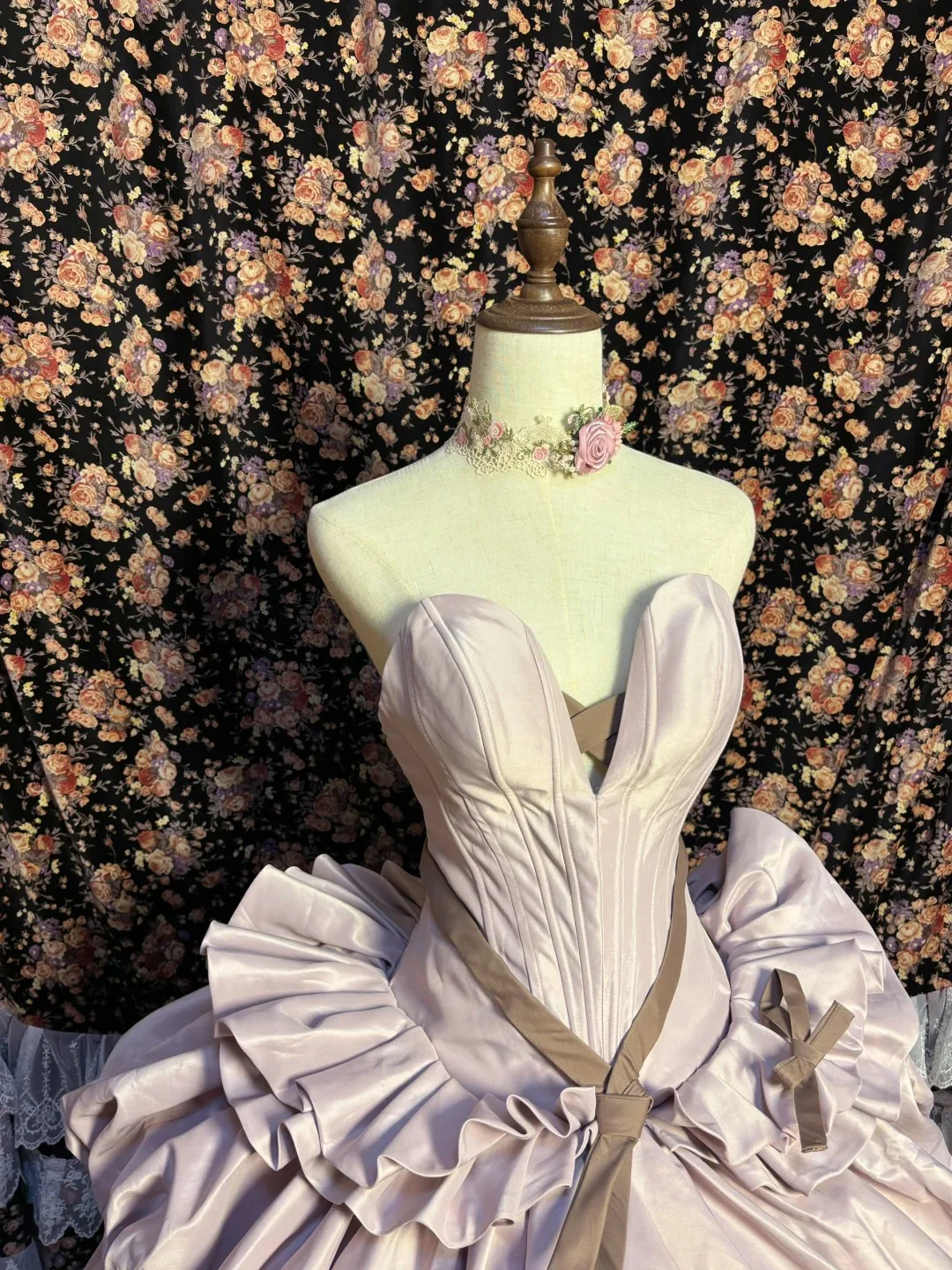 Taro Purple Strapless Satin Flower Bud Open Back Wedding Dress with Train P3024 - Image 3