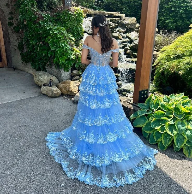 Tulle Appliques Tiered Ruffle Long Prom Dress with slit Birthday Outfit P1394 - Image 3