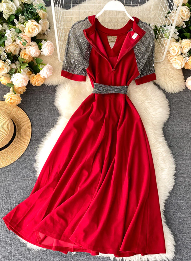 Unique A line round neck splicing short sleeve dress fashion dress 048 - Image 3