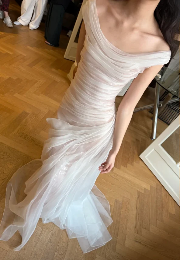 Unique White Off-the-Shoulder Mermaid Layered Ruched Tulle Train Wedding Dress P4752 - Image 2